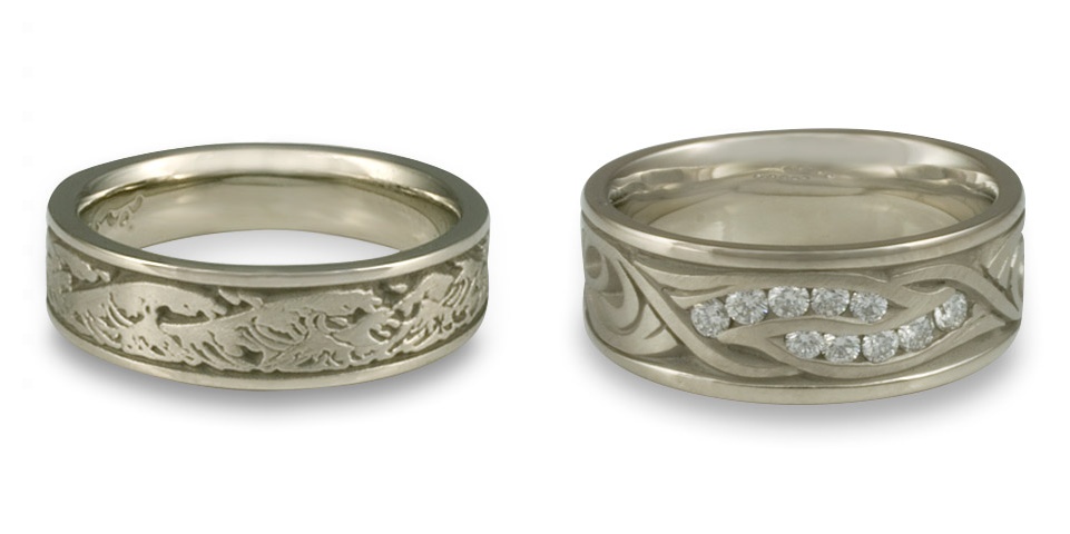 These 14K white gold wedding bands are hardly simple! The result of talented wax carving, these ornate designs are part of what make a jeweler like us so special.